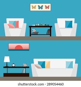Simple interior. Illustration in trendy flat style with room interior isolated on bright stylish blue cover for use in design for card, invitation, poster, banner, placard or billboard 