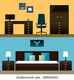 Simple interior. Illustration in trendy flat style with men's room and bedroom interior isolated on bright stylish cover for use in design card, invitation, poster, banner, placard or billboard 