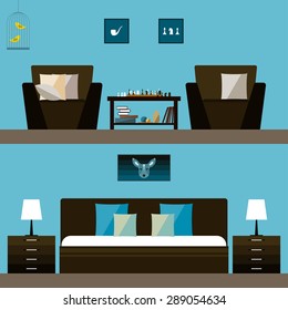 Simple interior. Illustration in trendy flat style with room and bedroom interior isolated on bright stylish blue cover for use in design for card, invitation, poster, banner, placard or billboard 