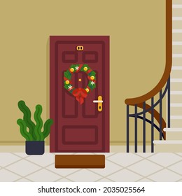 Simple interior scene with apartment door near staircase decorated with Christmas wreath. 
Flat style vector illustration on residential building corridor with stairs