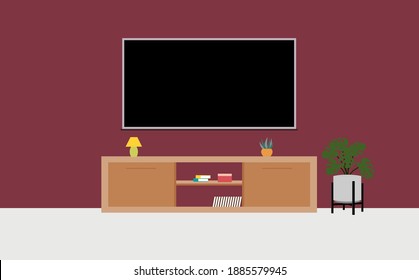 simple interior tv and long table brown