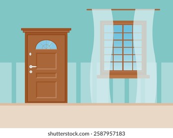 Simple Interior Vector: Door, Window, and Sheer Curtains