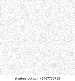 Textura de patrón floral monocromático intrincado simple con flores y hojas contorneadas
