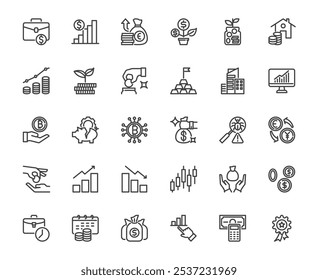 Simple investment outline icon set related thing such business, trading, bitcoin, benefit concept, 64x64 pixel perfect icon editable stroke transparent background for media, website, ux,ui design