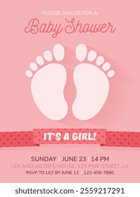 Simple invitation card for a baby shower, birthday, or gender reveal party. It's a Girl. Isolated vertical postcard template with footprints, ribbon and text on pink background. Vector illustrations.