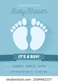 Simple invitation card for a baby shower, birthday, or gender reveal party. It's a Boy. Isolated vertical postcard template with footprints, ribbon and text on blue background. Vector illustrations.