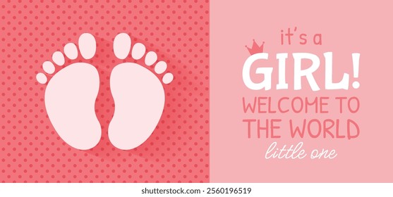 Simple invitation card or flyer for a baby shower, birthday, or gender reveal party. It's a Girl. Isolated horizontal template with footprints and text on pink background. Vector illustrations.