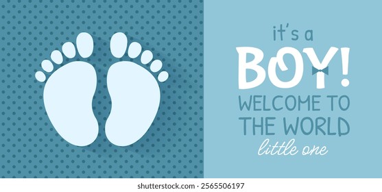 Simple invitation card or flyer for a baby shower, birthday, or gender reveal party. It's a Boy. Isolated horizontal template with footprints and text on blue background. Vector illustration.