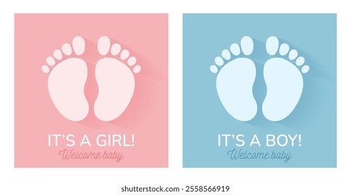 Simple invitation card set for a baby shower, birthday, or gender reveal party. It's a Girl. It's a Boy. Isolated square postcard templates with footprints and text. Cute vector illustrations.