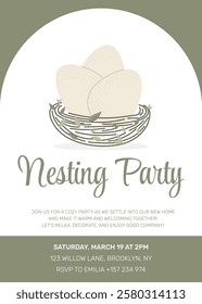 Simple invitation poster Nesting Party with eggs in nest, embodying care, patience. Vector illustration pastel colors