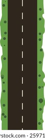 A simple and inviting asphalt road stretches through vibrant green grass, suggesting a journey filled with possibilities under clear skies.