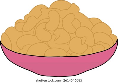 A simple and inviting illustration depicts a pile of cashew nuts in a pink bowl