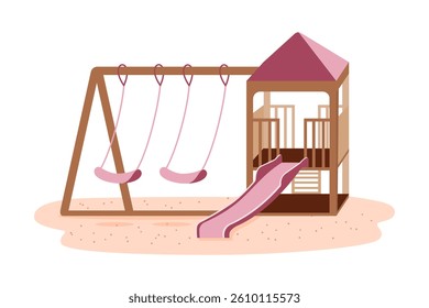 A simple and inviting illustration of an empty playground with swings and a slide on a sandy surface.