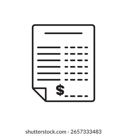 Icono de Factura simple con un símbolo de dólar, que representa la facturación, los pagos y la documentación financiera. Ideal para App de contabilidad, empresas, fintech y registros de transacciones digitales.