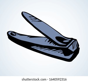 Simple iron handy catcher lever set on light paper backdrop text space. Outline black ink pen drawn healthy logo pictogram emblem design image in retro art doodle cartoon print style. Close up view