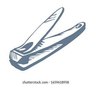 Simple iron handy catcher lever set on light paper backdrop text space. Outline black ink pen drawn healthy logo pictogram emblem design image in retro art doodle cartoon print style. Close up view