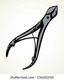 Simple iron handy catcher lever set on light paper backdrop text space. Outline black ink pen drawn healthy logo pictogram emblem design image in retro art doodle cartoon print style. Close up view