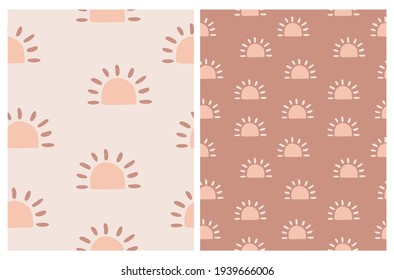 Simple Irregular Boho Suns Vector Prints Ideal for Fabric, Textile. Abstract Hand Drawn Geometric Vector Patterns. Cute Suns Isolated on a Pale Light Pink and Light Brown Background. Sunset Print.