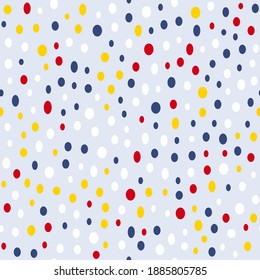 Simple irregular dot seamless pattern, white, yellow, red, blue dots on light grey. Design for fabric, wallpaper, gift wrap web backgrounds scrap booking patchwork. Vector illustration