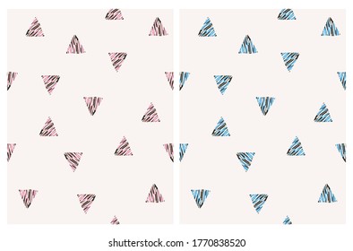 Simple Irregular De Mano Libre Triángulos De Vectores Sin Marea. El oro rosado negro y el oro azul negro triángulos sobre fondo de crema clara. Impresión de vectores geométricos abstractos de estilo infantil.