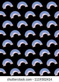 Simple Irregular Geometric Seamles Vector Patterns with Blue and Pink Shaded Semi Circles isolated on a Black Background. Hand Drawn Vintage Print ideal for Fabric, Textile, Wrapping Paper. 