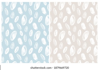  Simple Irregular Geometric Seamless Vector Patterns Set. White Freehand Scribbles Isolalet on a Light Gray and Pastel Blue Background. Abstract Doodle Print ideal for Fabric, Textile.