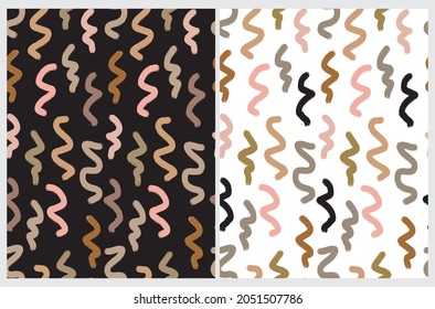 Simple Irregular Geometric Seamless Vector Patterns with Brown, Pink and Gold Hand Drawn Brush Spots and Wavy Lines on a White and Black Background. Abstract 
 Doodle Print for Fabric, Textile. 