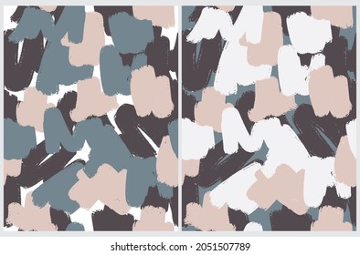 Simple Irregular Geometric Seamless Vector Patterns with Brown, Beige and Pale Blue Hand Drawn Brush Spots on a White Background. Abstract 
 Doodle Print for Fabric, Textile. 