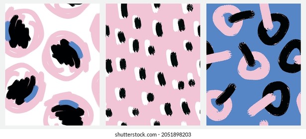 Simple Irregular Geometric Seamless Vector Patterns with Hand Drawn Brush Spots, Stripes and Circles on a White, Pink and Blue Background. Abstract 
 Doodle Print for Fabric, Textile. 