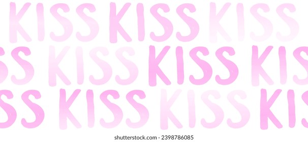 Simple Irregular Seamless Vector Pattern with Pastel Pink Handrwitten "KISS" on a White Background. Repeatable Hand Drawn Print with Infantile Style Word Kiss. Valentine's Day Holidays Design. RGB.