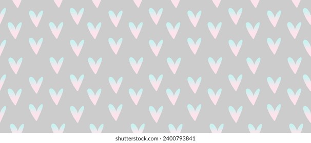 Simple Irregular Seamless Vector Pattern with Hand Drawn Hearts. Pink-Blue Hearts on a Gray Backgrund. Abstract Romantic Backdrop. Valentine's Day Holiday Endless Print with Tiny Hearts. Gradient RGB.