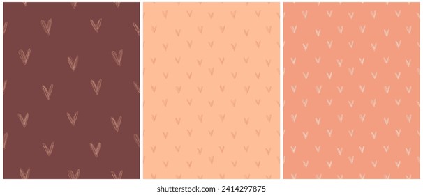 Simple Irregular Seamless Vector Pattern with Hand Drawn Doodle-like Hearts on a Mahogany, Peach Fuzz and Apricot Color Background. Repeatable Romantic Print ideal for Fabric, Wrapping Paper. RGB.