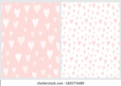 Simple Irregular Seamless Vector Patterns with Simple Hand Drawn Hearts Isolated on a White and Pink Background. Funny Infantile Style Romantic Print ideal for Fabric, Textile. Wrapping Paper.