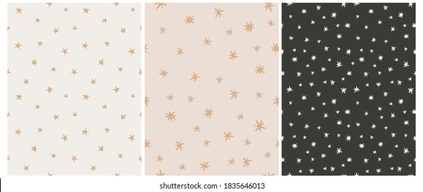 Simple Irregular Starry Seamless Vector Patterns. Simple Hand Drawn Stars Isolated on a Black and Beige Background. Funny Infantile Style Repeatable Abstract Night Sky Print ideal for Fabric.