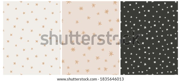 Simple Irregular Starry Seamless Vector Patterns.\
Simple Hand Drawn Stars Isolated on a Black and Beige Background.\
Funny Infantile Style Repeatable Abstract Night Sky Print ideal for\
Fabric.