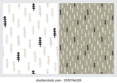 Simple Irregular Winter Forest Vector Print Ideal for Fabric, Textile. Abstract Hand Drawn Woodland Vector Patterns. Cute Christmas Trees Isolated on a White and Pale Green Background. 