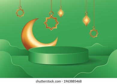 Simple Islamic 3d pedestal stage decoration in green background with hanging lantern and golden crescent moon. Product presentation suitable for Ramadan, Eid al Adha, Eid al Fitr.