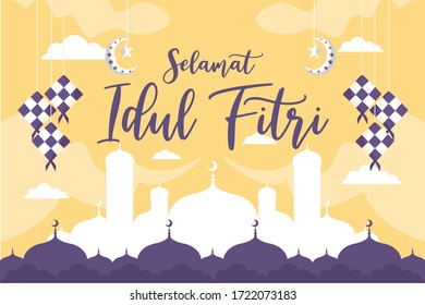 Simple Islamic background vector illustration with text called Selamat Idul Fitri translation of Eid Al-Fitr Mubarak in flat design style.  Banner Muslim holiday of Eid suitable for print etc