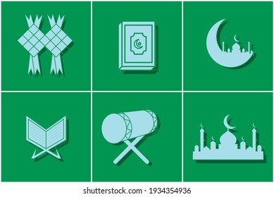 Simple Islamic line art Icon Set, Ramadan Kareem, Mubarak Eid.Green And Blue Color