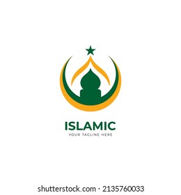 diseño de logotipo islámico sencillo, logotipo islámico moderno con forma de mezquita, luna y estrella vectorial