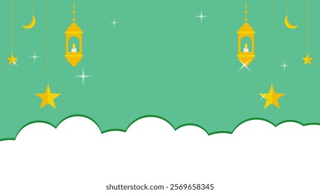 Simple Islamic ornament with lantern, star and crescent moon on green background and clouds. Perfect for Ramadan Kareem design. Vector illustration