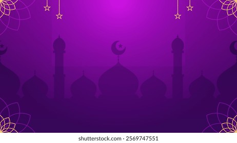 Simple Islamic Vibrant Gradient Violet Purple Horizontal Background with Crescent Moon Gold Star Decorations and Mosque Silhouettes