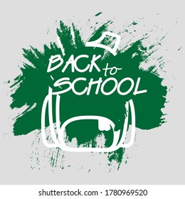 Simple isolated back to school white line art logo with splash of green paint and handwritten text. Concept of blackboard.