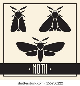 Simple isolated black moth or butterfly on light background. Insect silhouette vector  illustrations set.