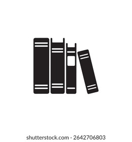 Uma ilustração simples e isolada em silhueta preta sobre fundo branco retrata quatro livros em pé em uma fileira, com um livro inclinado para a direita, ligeiramente fora de equilíbrio.