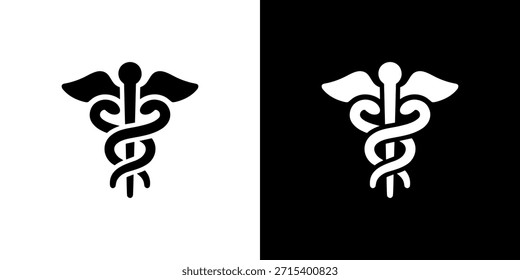 Icono aislado simple del símbolo del caduceo en el fondo blanco y negro invertido