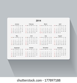 Simple isolated calendar for 2014. Week starts from Sunday.