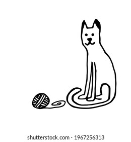 simple isolated hand drawn black and white illustration of cute cat sitting on floor near knitting ball, vector, flat, doodle