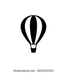 The simple, isolated icon shows a hot air balloon ascending. The black vector has a transparent background, creating a minimalist aesthetic.