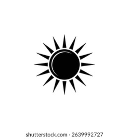 Simple, isolated illustration of a black sun icon set against a white backdrop, featuring a circular center and sharply pointed, symmetrical rays emanating outward.